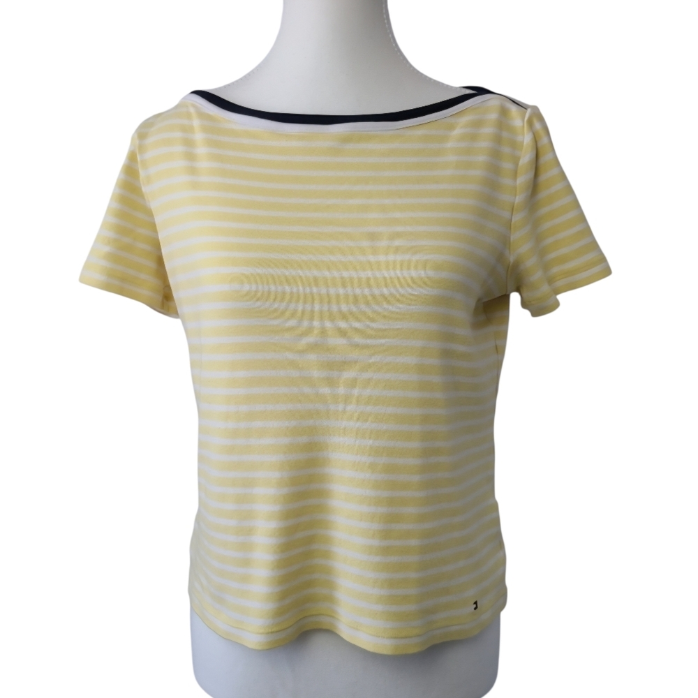 Tommy Hilfiger Yellow Striped Boatneck Short Sleeve Top Medium
